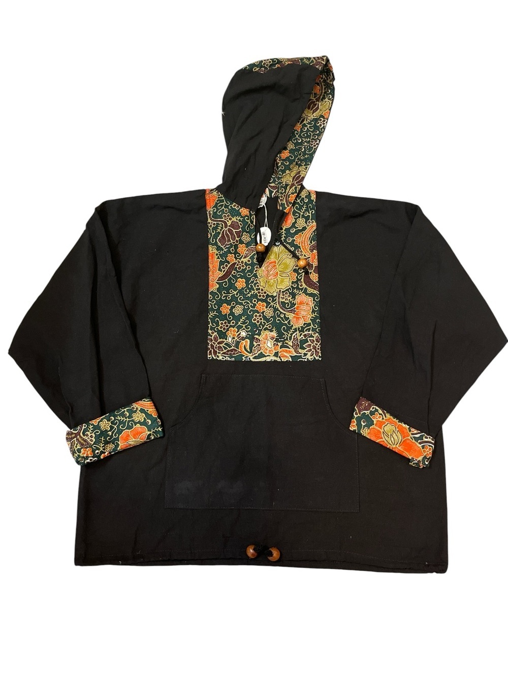 Black Cotton Hoodie Pullover with Green & Orange Floral Trim NWT